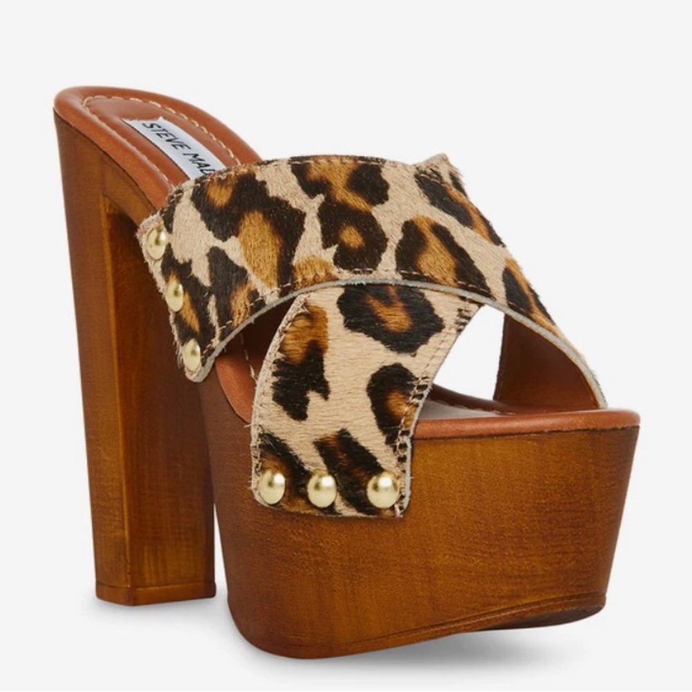 Leopard Print Platform Mule Heels - Brown Size 9 - Picture 2 of 11